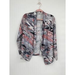 Lush Open Front Printed Long Sleeve Cardigan Small Gray Pink